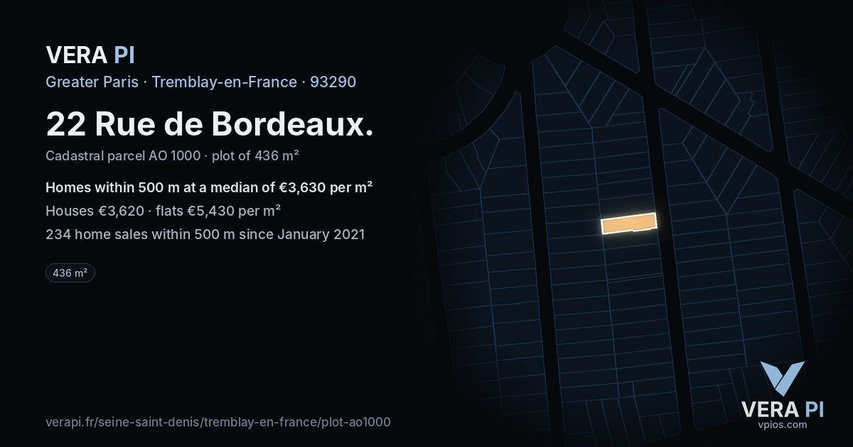 22 Rue de Bordeaux, Tremblay-en-France at night – the plot lit, the parcels around coloured by the prices near them