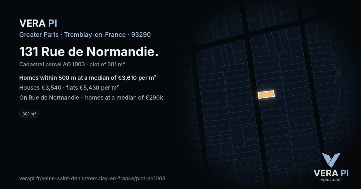 131 Rue de Normandie, Tremblay-en-France at night – the plot lit, the parcels around coloured by the prices near them