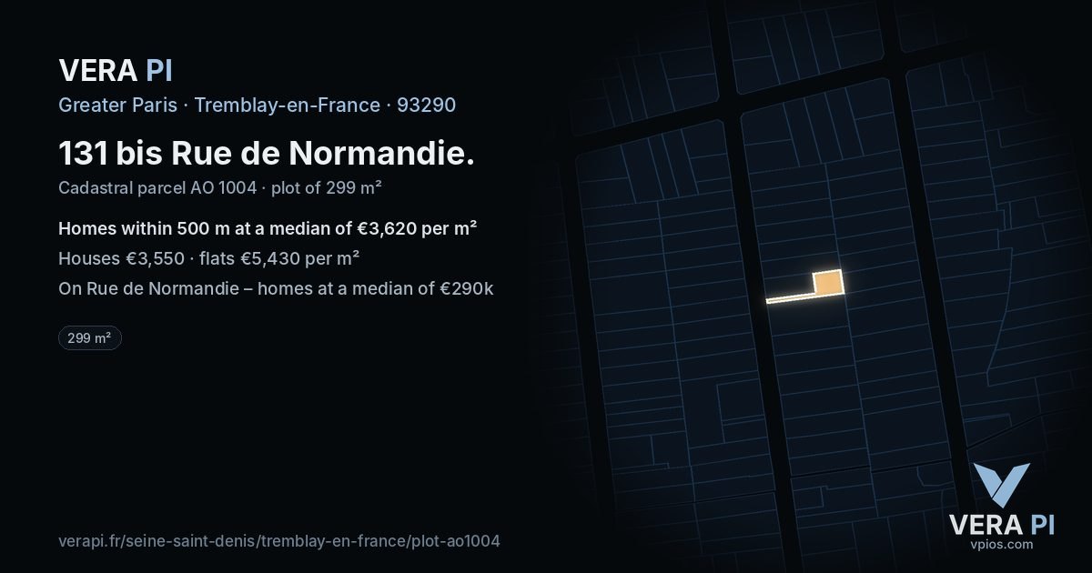 131 bis Rue de Normandie, Tremblay-en-France at night – the plot lit, the parcels around coloured by the prices near them