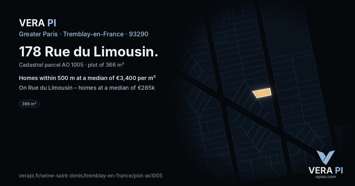 178 Rue du Limousin, Tremblay-en-France at night – the plot lit, the parcels around coloured by the prices near them