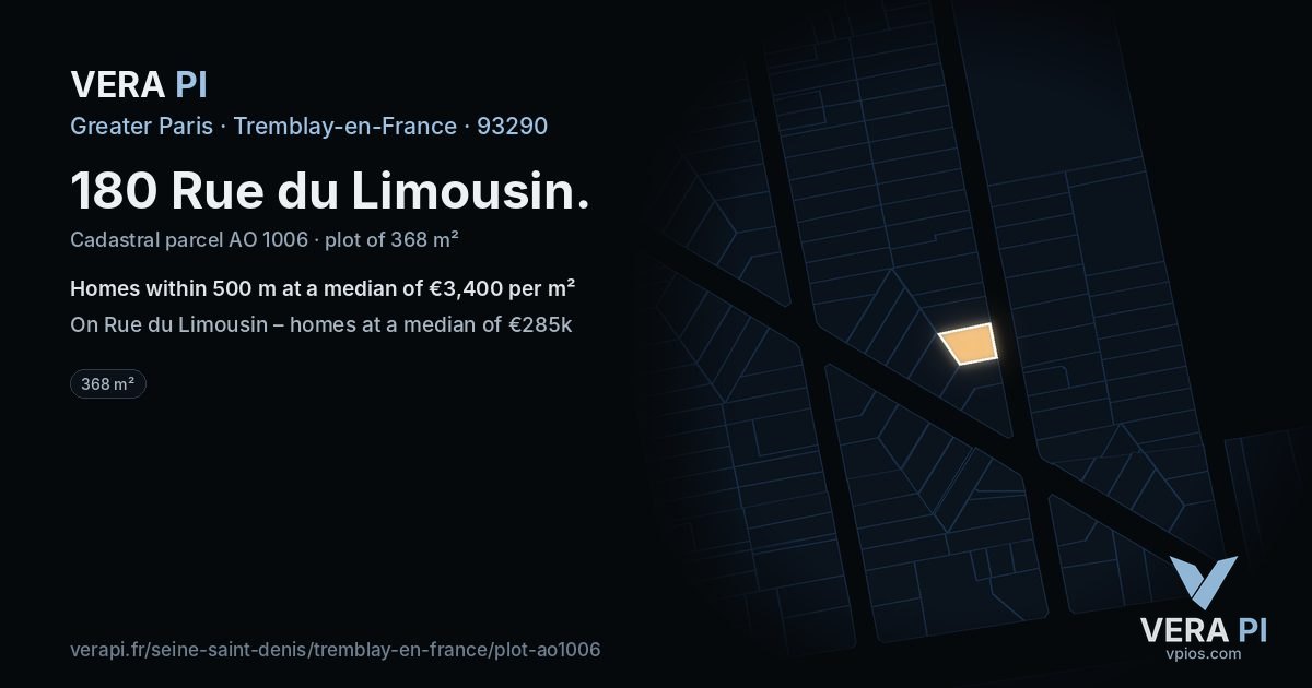 180 Rue du Limousin, Tremblay-en-France at night – the plot lit, the parcels around coloured by the prices near them