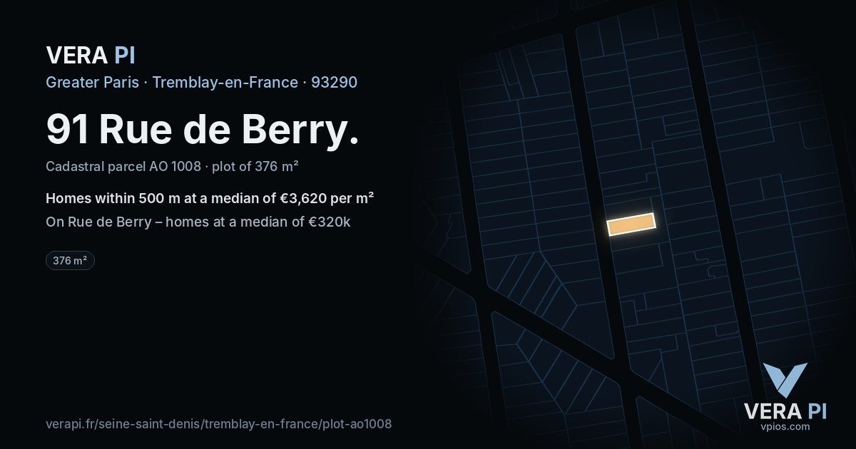 91 Rue de Berry, Tremblay-en-France at night – the plot lit, the parcels around coloured by the prices near them