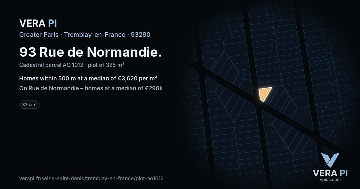 93 Rue de Normandie, Tremblay-en-France at night – the plot lit, the parcels around coloured by the prices near them