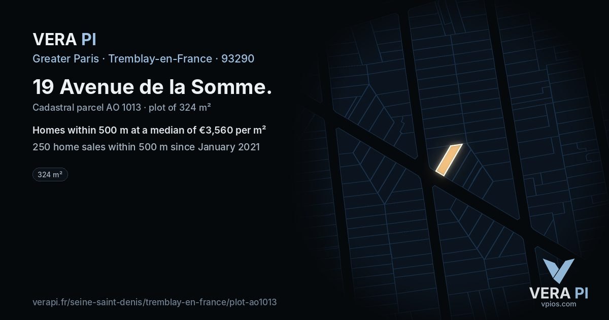 19 Avenue de la Somme, Tremblay-en-France at night – the plot lit, the parcels around coloured by the prices near them
