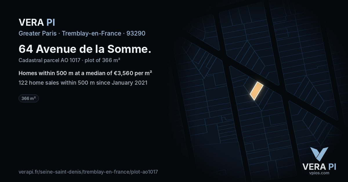 64 Avenue de la Somme, Tremblay-en-France at night – the plot lit, the parcels around coloured by the prices near them
