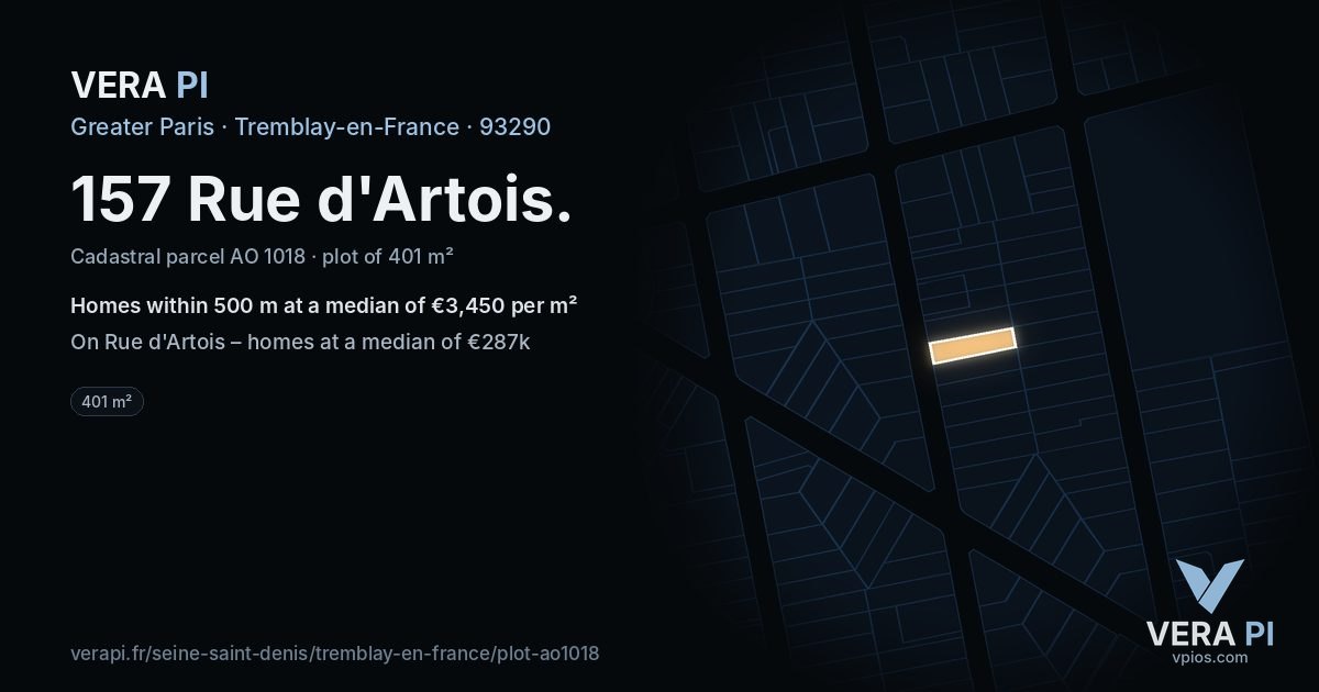 157 Rue d'Artois, Tremblay-en-France at night – the plot lit, the parcels around coloured by the prices near them