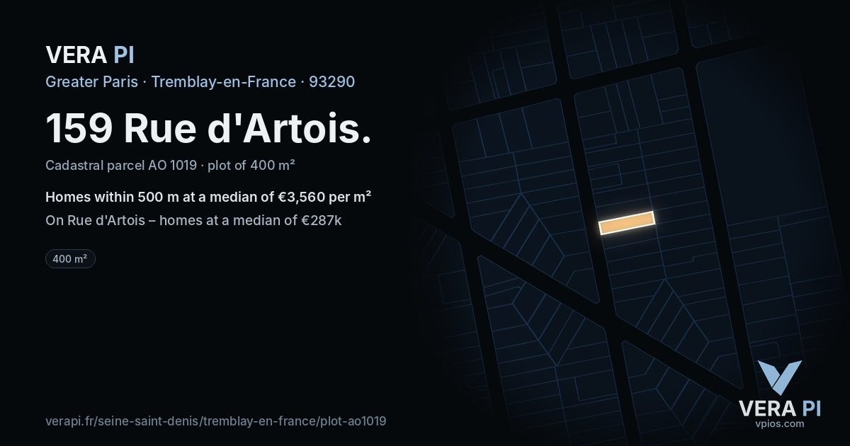 159 Rue d'Artois, Tremblay-en-France at night – the plot lit, the parcels around coloured by the prices near them