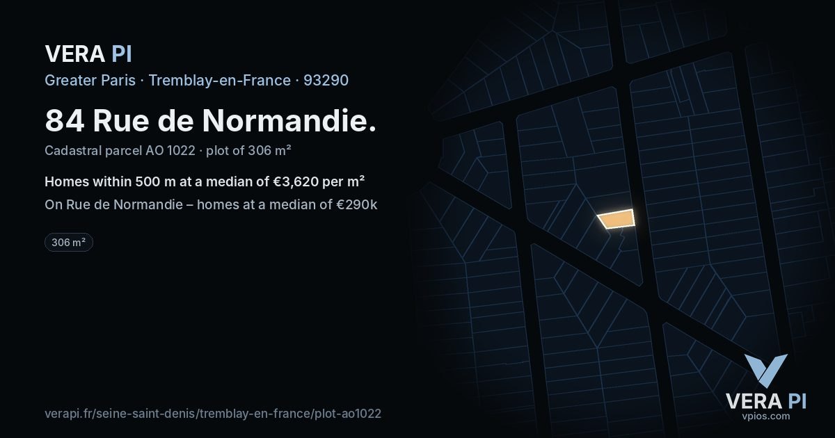 84 Rue de Normandie, Tremblay-en-France at night – the plot lit, the parcels around coloured by the prices near them