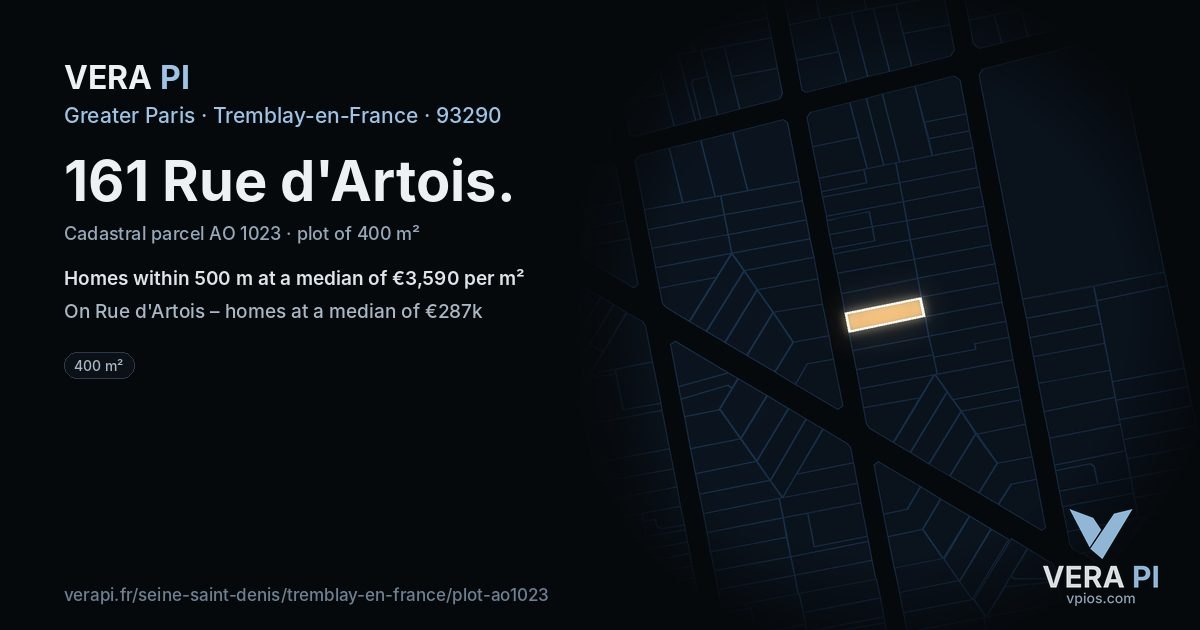 161 Rue d'Artois, Tremblay-en-France at night – the plot lit, the parcels around coloured by the prices near them