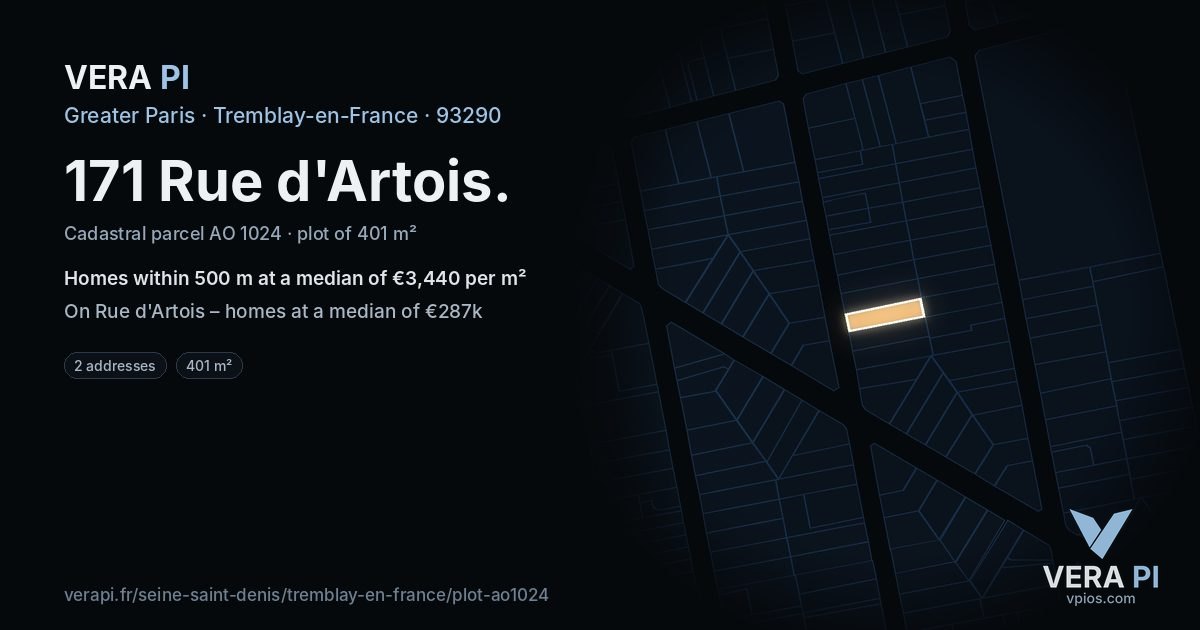 171 Rue d'Artois, Tremblay-en-France at night – the plot lit, the parcels around coloured by the prices near them
