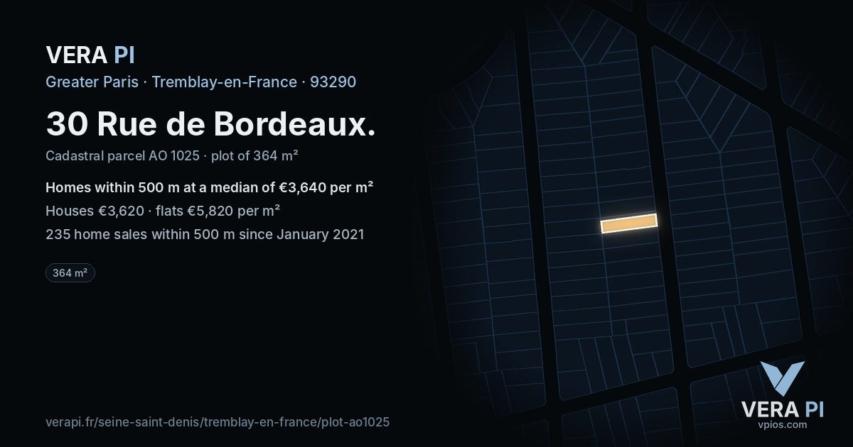 30 Rue de Bordeaux, Tremblay-en-France at night – the plot lit, the parcels around coloured by the prices near them
