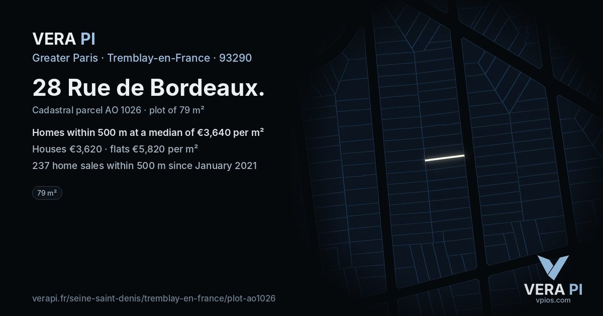 28 Rue de Bordeaux, Tremblay-en-France at night – the plot lit, the parcels around coloured by the prices near them