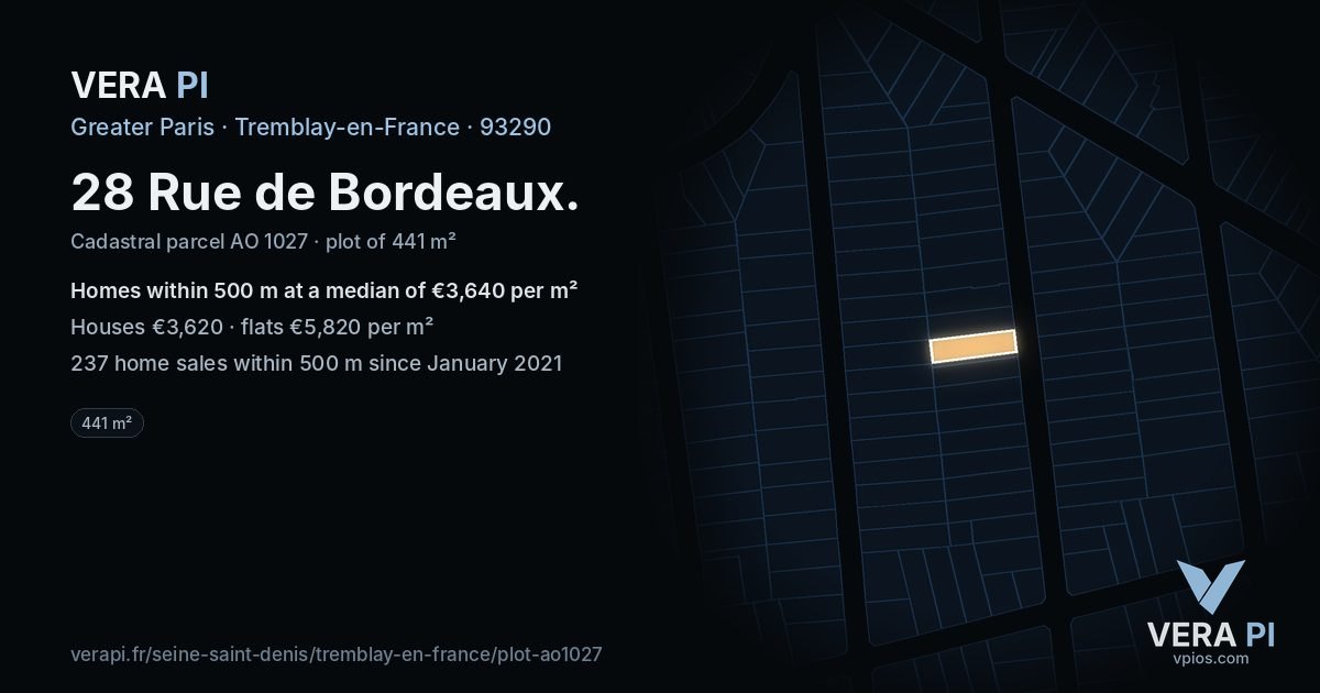 28 Rue de Bordeaux, Tremblay-en-France at night – the plot lit, the parcels around coloured by the prices near them