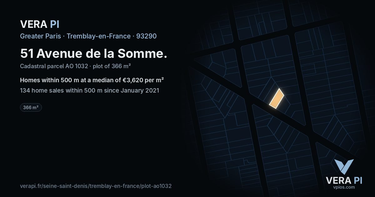 51 Avenue de la Somme, Tremblay-en-France at night – the plot lit, the parcels around coloured by the prices near them