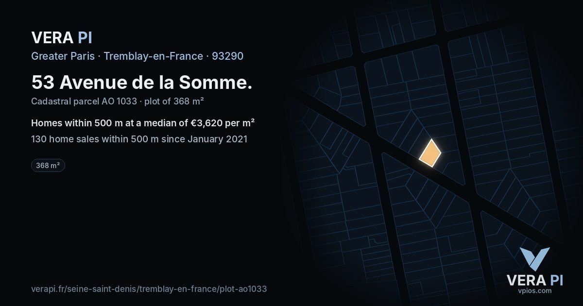 53 Avenue de la Somme, Tremblay-en-France at night – the plot lit, the parcels around coloured by the prices near them