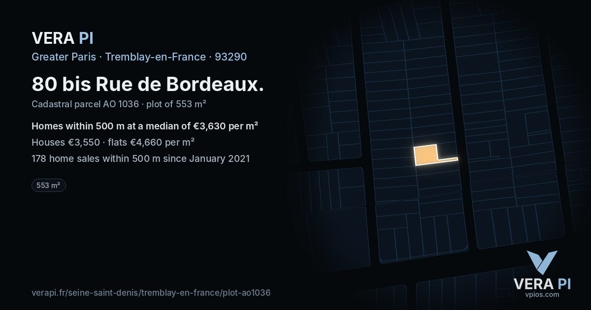 80 bis Rue de Bordeaux, Tremblay-en-France at night – the plot lit, the parcels around coloured by the prices near them