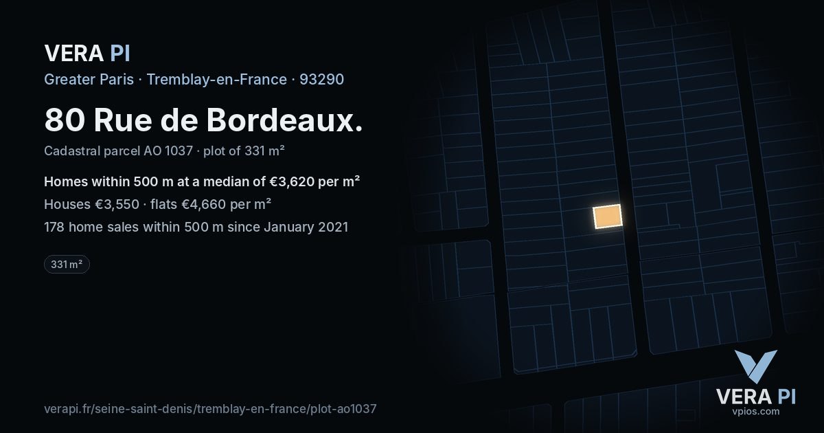 80 Rue de Bordeaux, Tremblay-en-France at night – the plot lit, the parcels around coloured by the prices near them