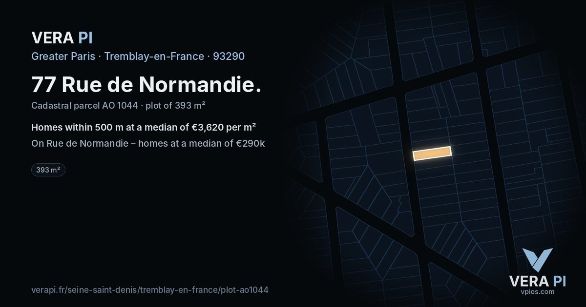 77 Rue de Normandie, Tremblay-en-France at night – the plot lit, the parcels around coloured by the prices near them