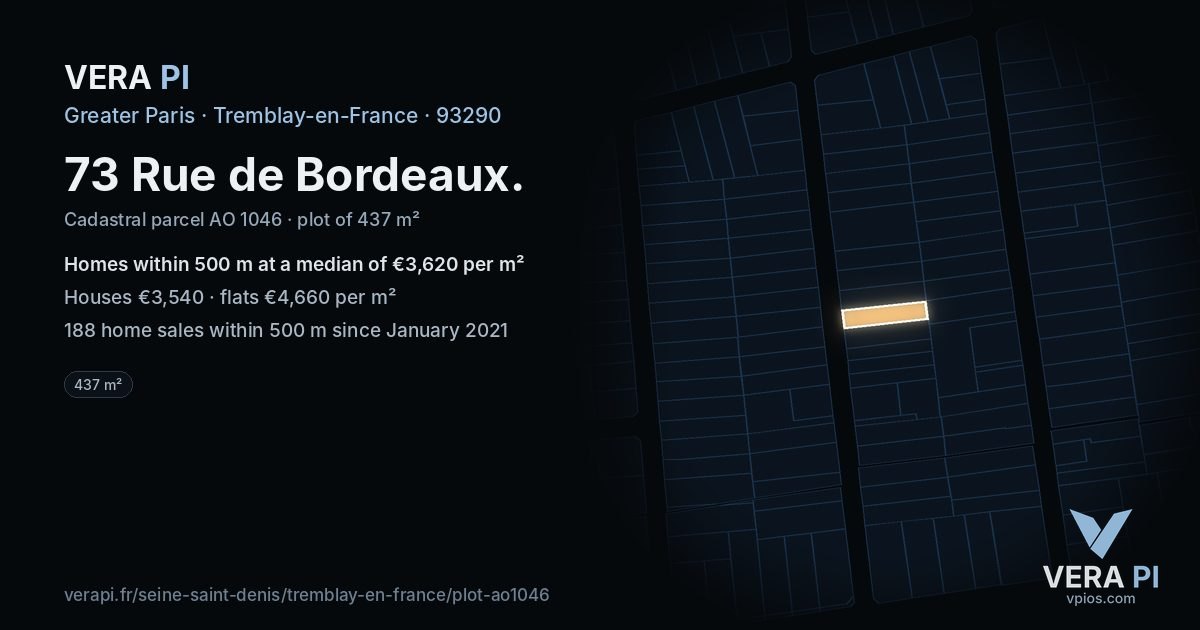 73 Rue de Bordeaux, Tremblay-en-France at night – the plot lit, the parcels around coloured by the prices near them