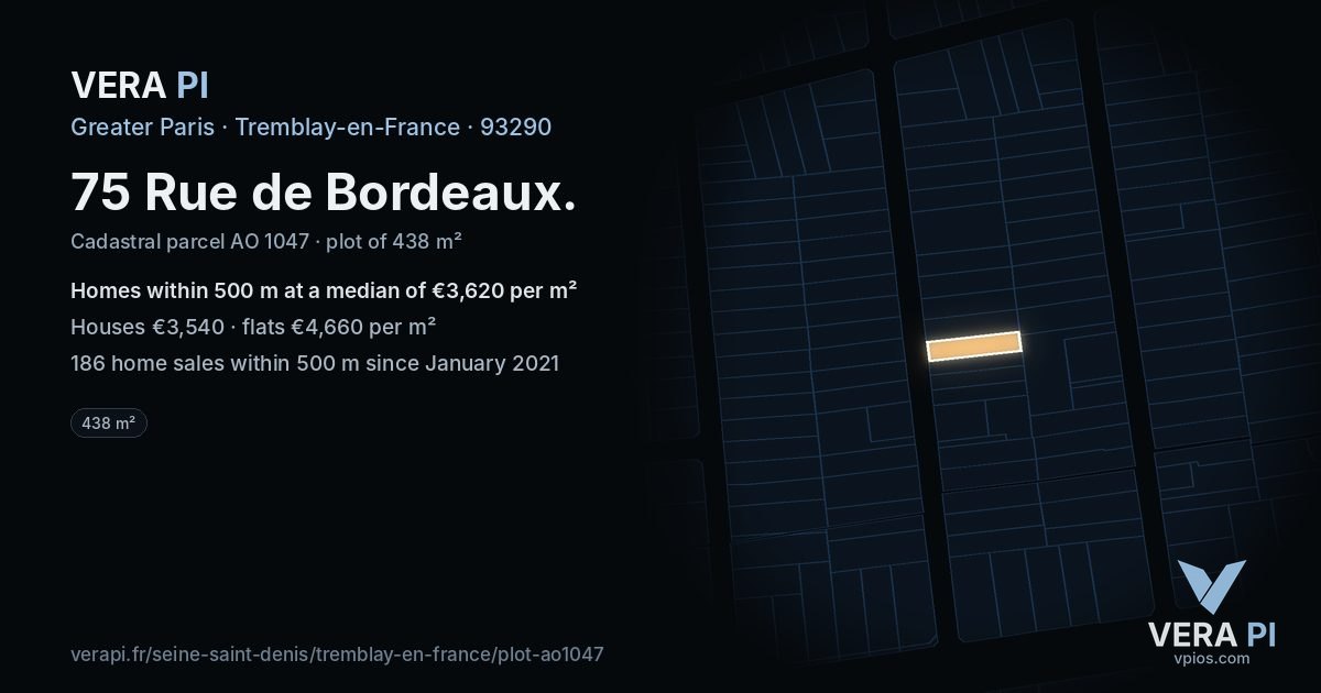 75 Rue de Bordeaux, Tremblay-en-France at night – the plot lit, the parcels around coloured by the prices near them