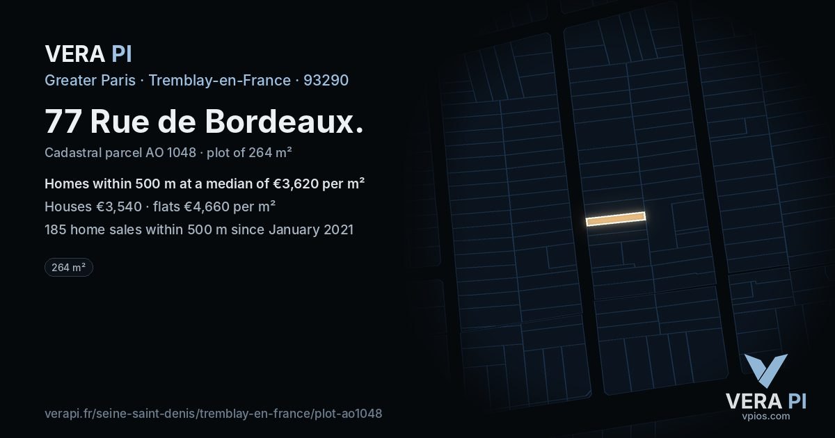 77 Rue de Bordeaux, Tremblay-en-France at night – the plot lit, the parcels around coloured by the prices near them