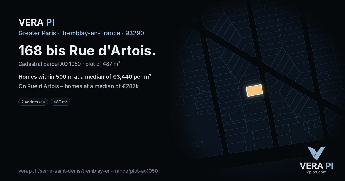 168 bis Rue d'Artois, Tremblay-en-France at night – the plot lit, the parcels around coloured by the prices near them