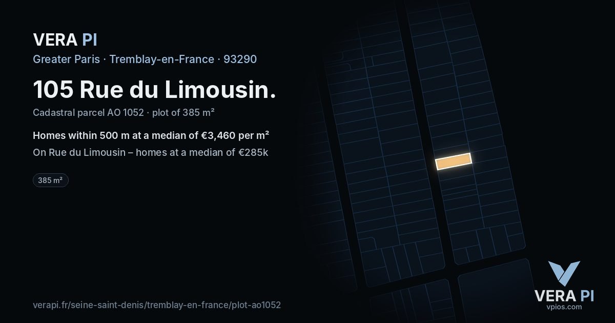 105 Rue du Limousin, Tremblay-en-France at night – the plot lit, the parcels around coloured by the prices near them