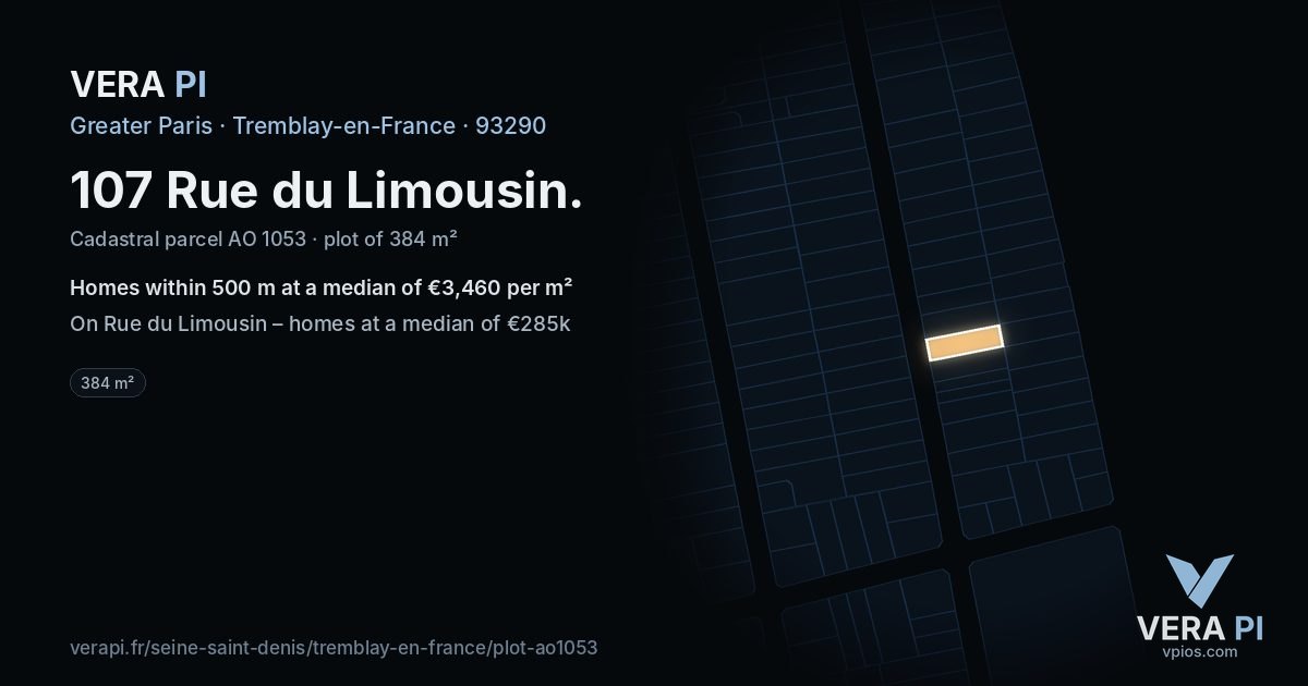 107 Rue du Limousin, Tremblay-en-France at night – the plot lit, the parcels around coloured by the prices near them