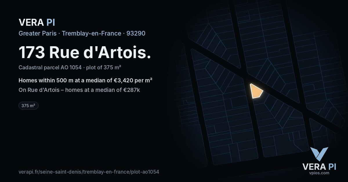 173 Rue d'Artois, Tremblay-en-France at night – the plot lit, the parcels around coloured by the prices near them