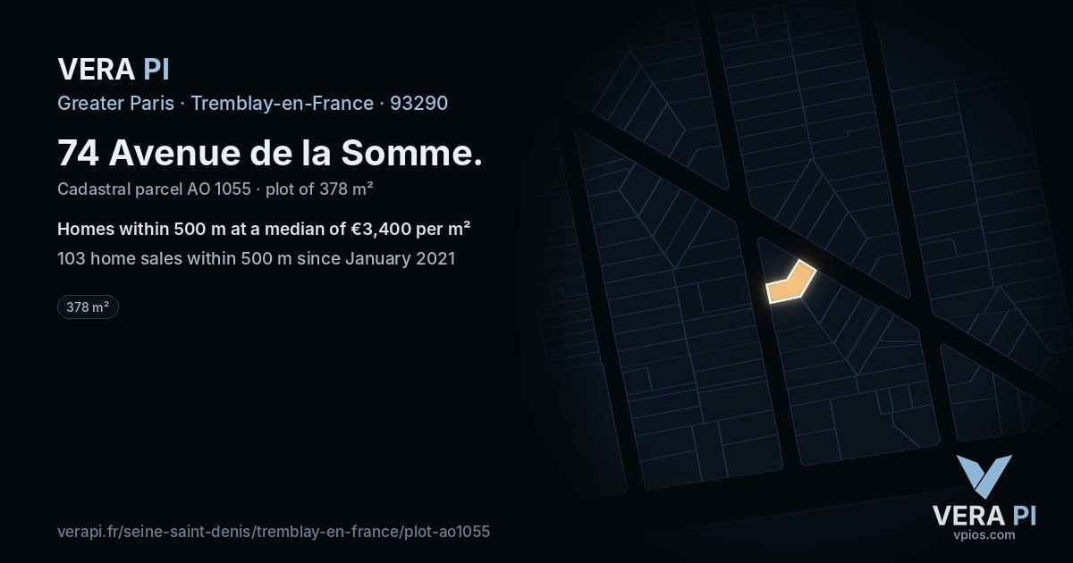 74 Avenue de la Somme, Tremblay-en-France at night – the plot lit, the parcels around coloured by the prices near them