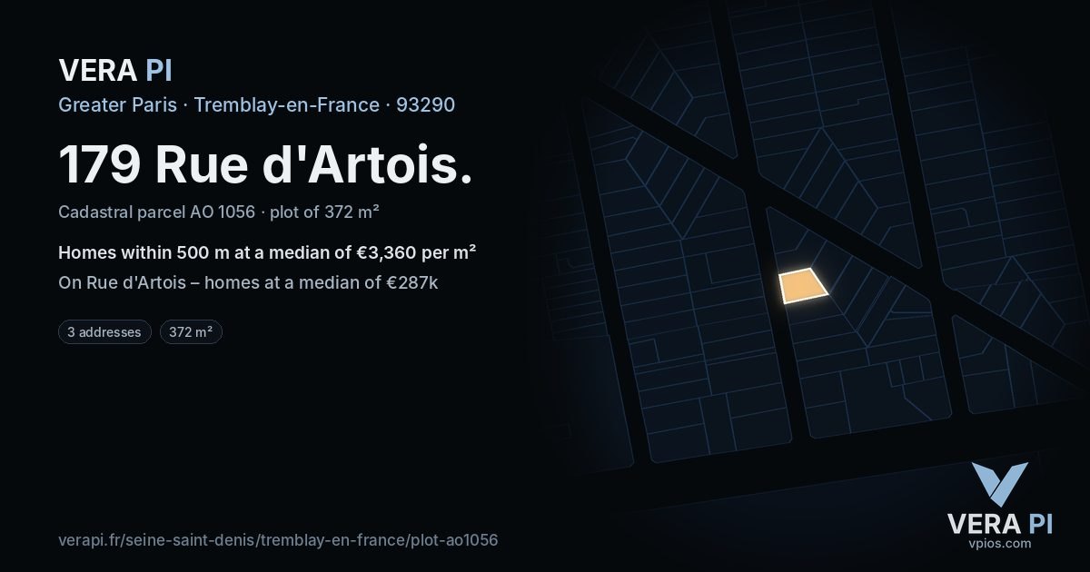 179 Rue d'Artois, Tremblay-en-France at night – the plot lit, the parcels around coloured by the prices near them