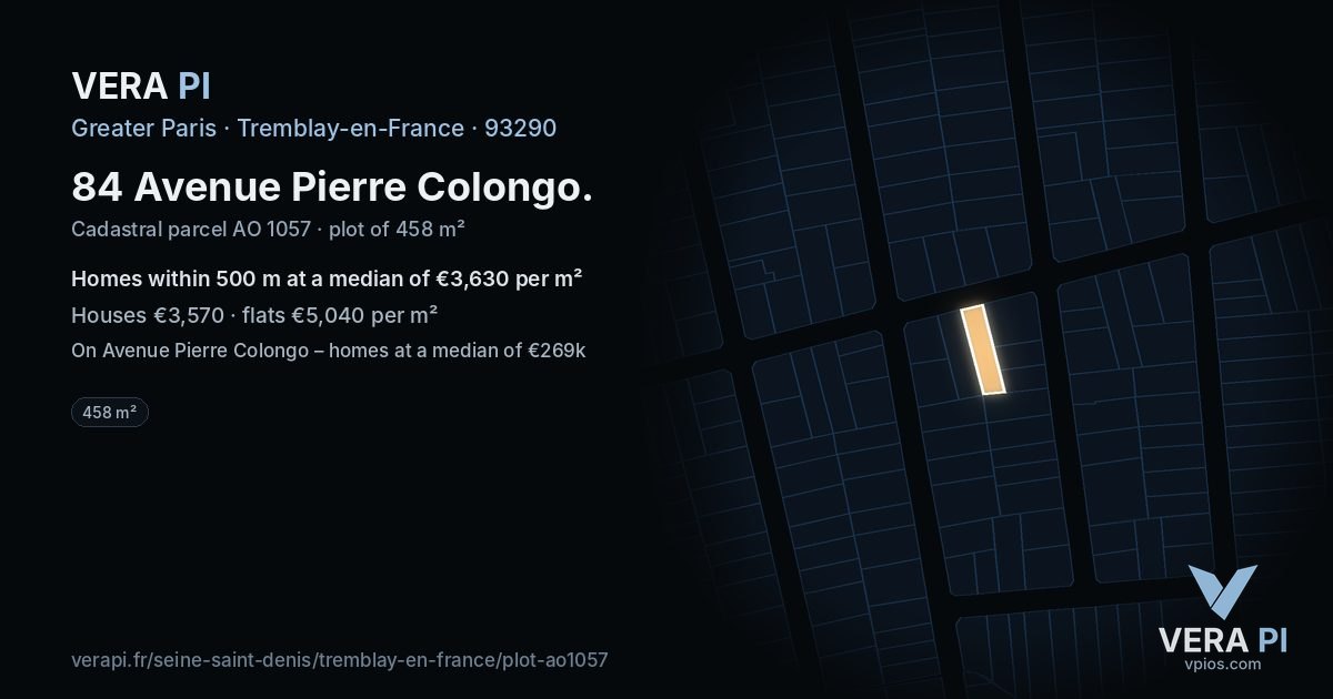 84 Avenue Pierre Colongo, Tremblay-en-France at night – the plot lit, the parcels around coloured by the prices near them