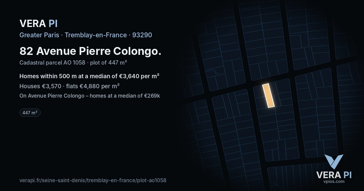 82 Avenue Pierre Colongo, Tremblay-en-France at night – the plot lit, the parcels around coloured by the prices near them