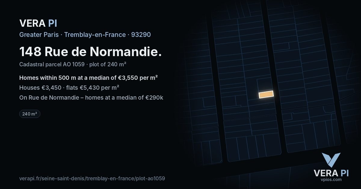 148 Rue de Normandie, Tremblay-en-France at night – the plot lit, the parcels around coloured by the prices near them