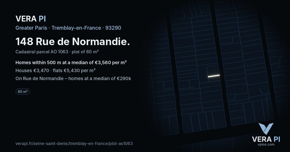 148 Rue de Normandie, Tremblay-en-France at night – the plot lit, the parcels around coloured by the prices near them