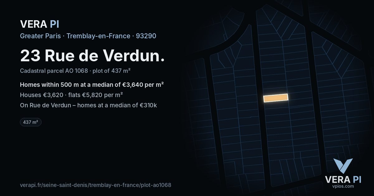 23 Rue de Verdun, Tremblay-en-France at night – the plot lit, the parcels around coloured by the prices near them