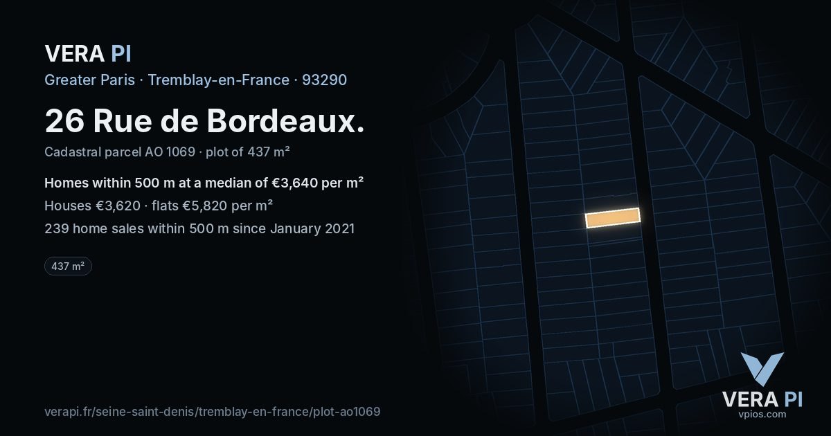 26 Rue de Bordeaux, Tremblay-en-France at night – the plot lit, the parcels around coloured by the prices near them