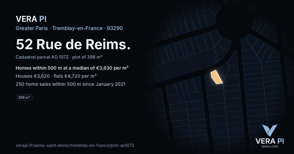 52 Rue de Reims, Tremblay-en-France at night – the plot lit, the parcels around coloured by the prices near them