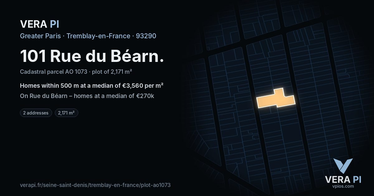 101 Rue du Béarn, Tremblay-en-France at night – the plot lit, the parcels around coloured by the prices near them