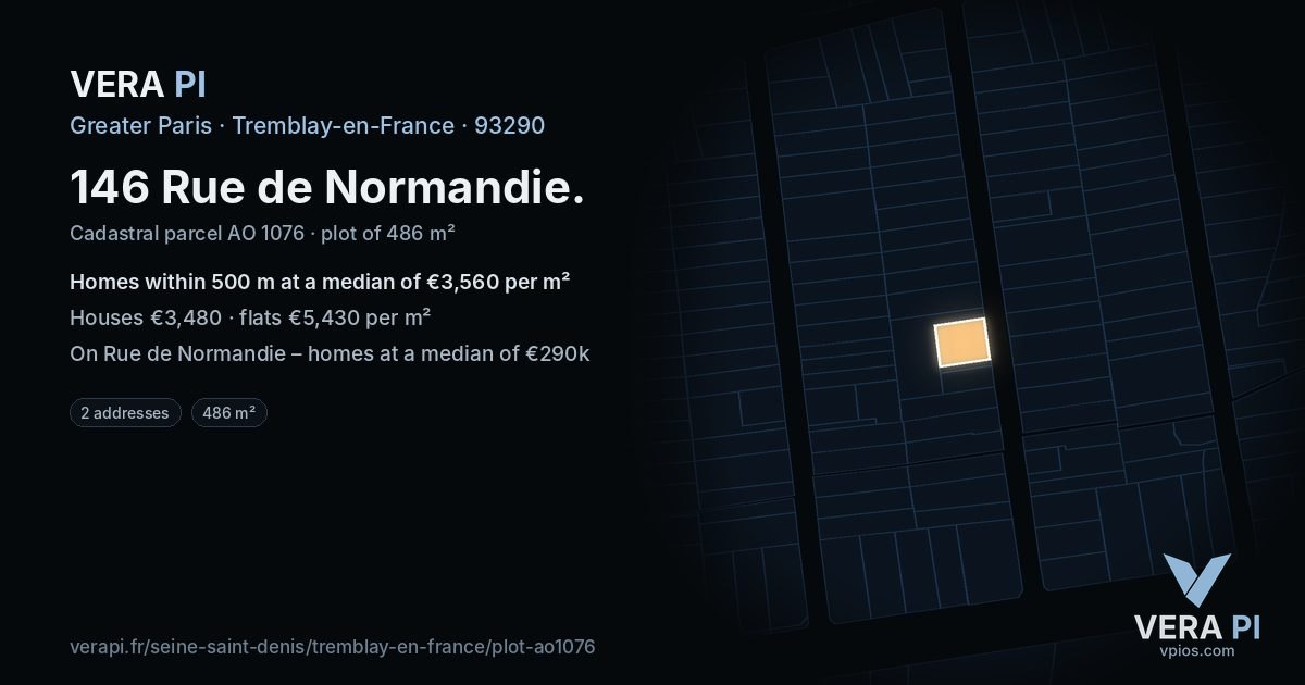 146 Rue de Normandie, Tremblay-en-France at night – the plot lit, the parcels around coloured by the prices near them