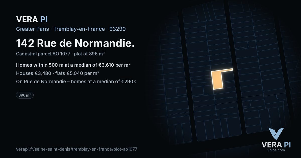 142 Rue de Normandie, Tremblay-en-France at night – the plot lit, the parcels around coloured by the prices near them