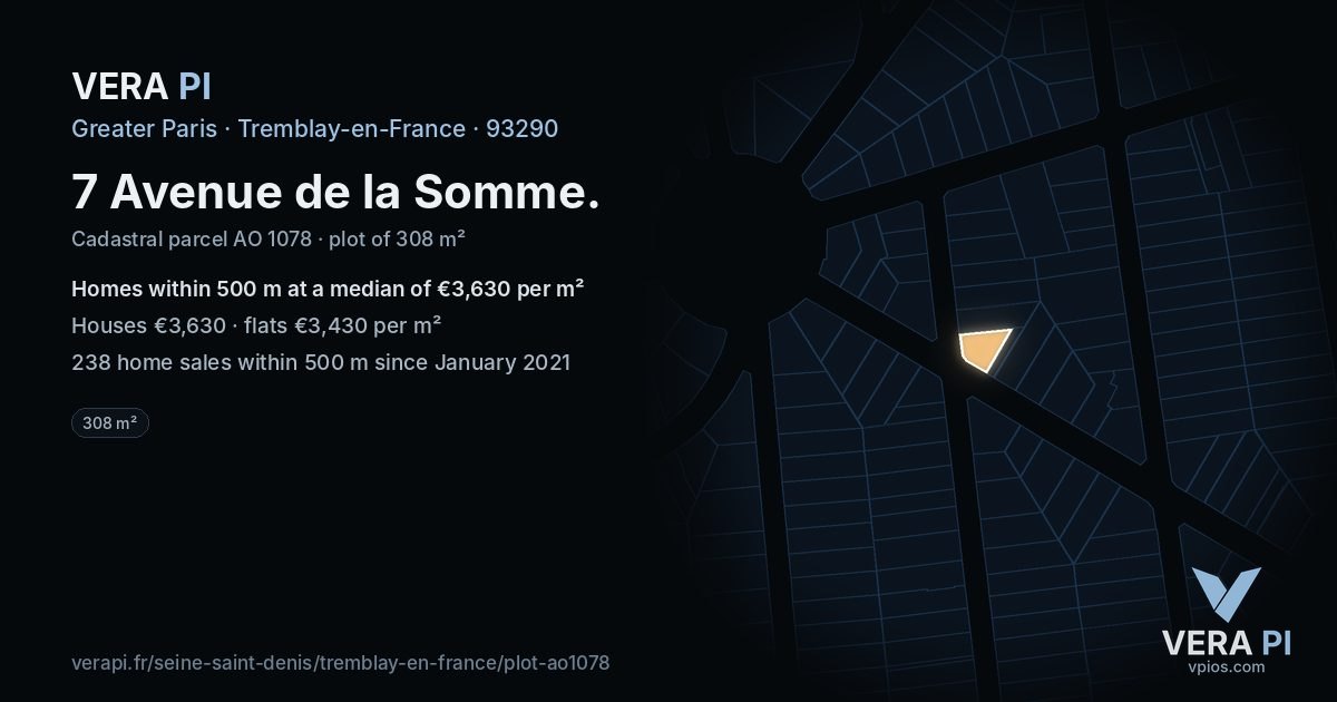 7 Avenue de la Somme, Tremblay-en-France at night – the plot lit, the parcels around coloured by the prices near them