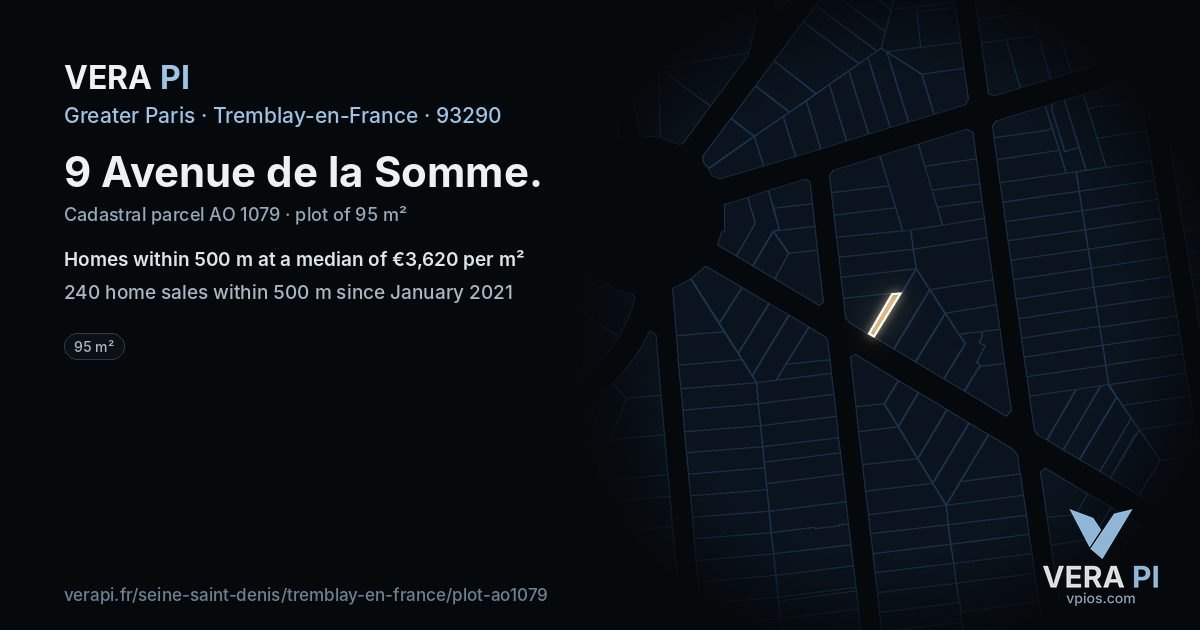 9 Avenue de la Somme, Tremblay-en-France at night – the plot lit, the parcels around coloured by the prices near them