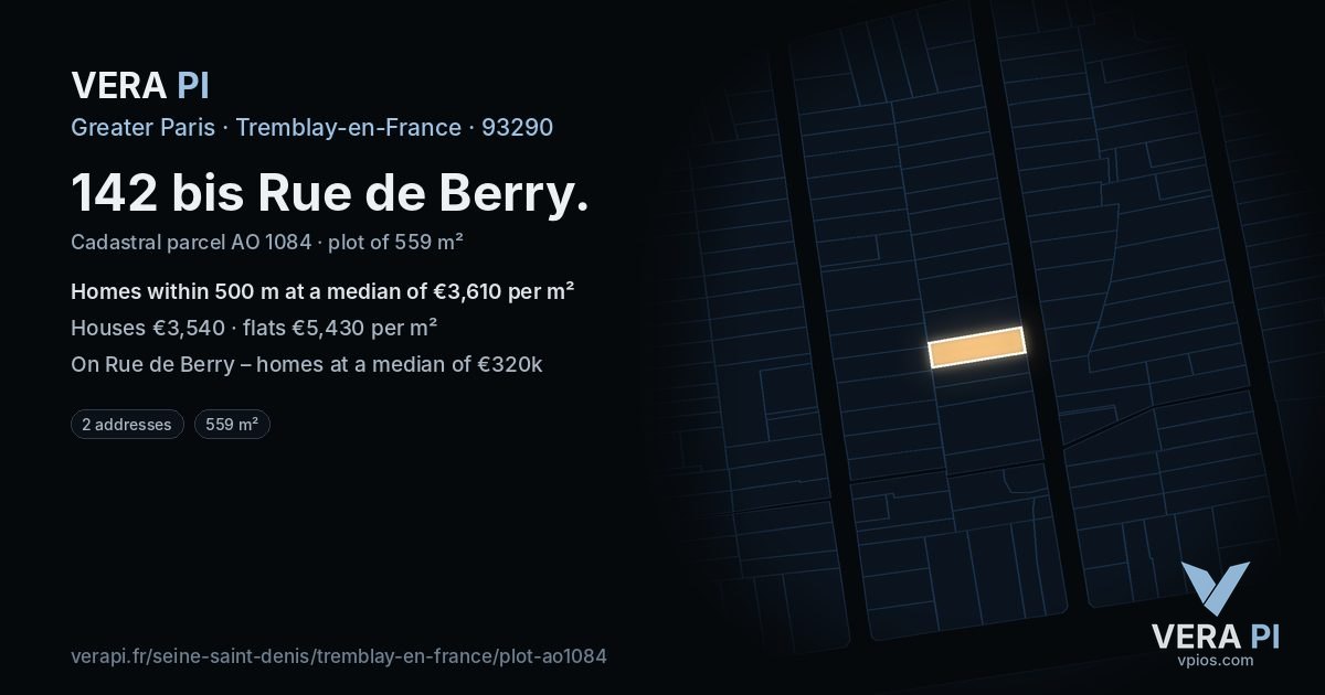 142 bis Rue de Berry, Tremblay-en-France at night – the plot lit, the parcels around coloured by the prices near them