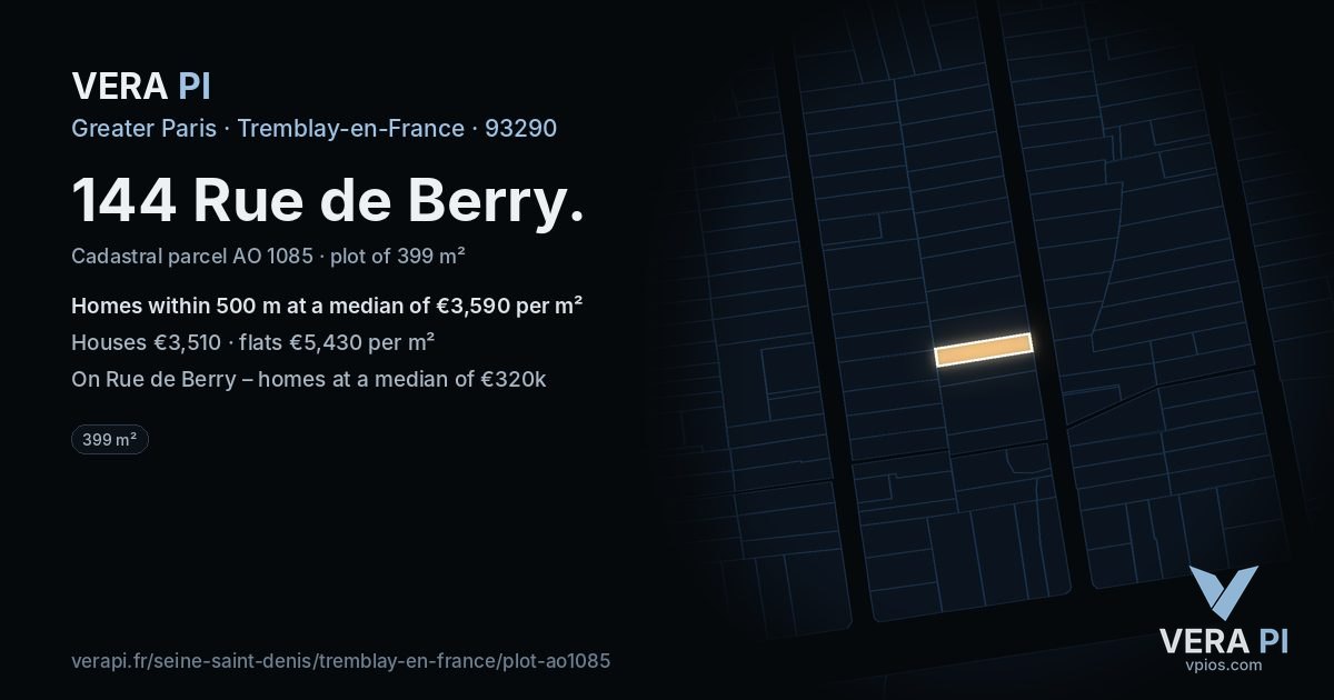 144 Rue de Berry, Tremblay-en-France at night – the plot lit, the parcels around coloured by the prices near them
