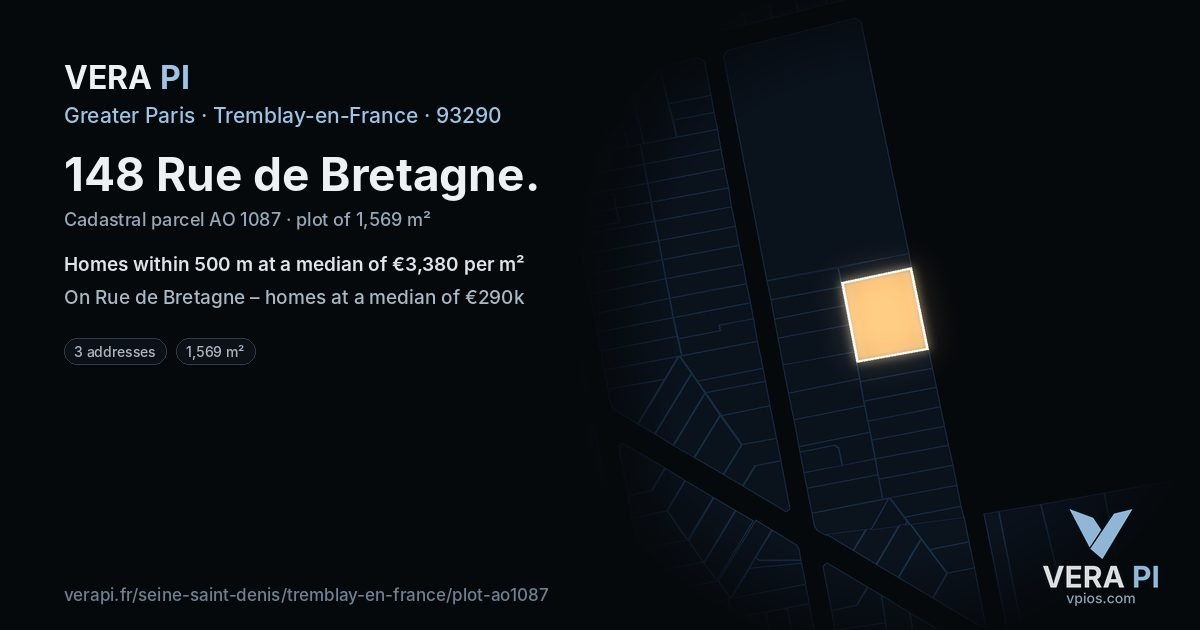 148 Rue de Bretagne, Tremblay-en-France at night – the plot lit, the parcels around coloured by the prices near them