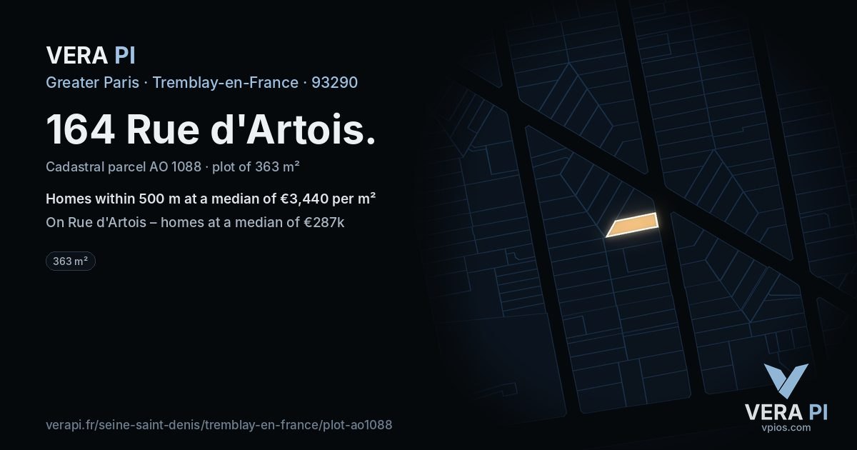 164 Rue d'Artois, Tremblay-en-France at night – the plot lit, the parcels around coloured by the prices near them