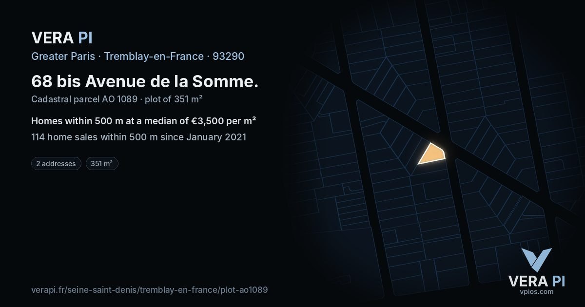 68 bis Avenue de la Somme, Tremblay-en-France at night – the plot lit, the parcels around coloured by the prices near them