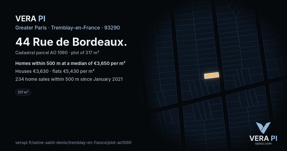 44 Rue de Bordeaux, Tremblay-en-France at night – the plot lit, the parcels around coloured by the prices near them