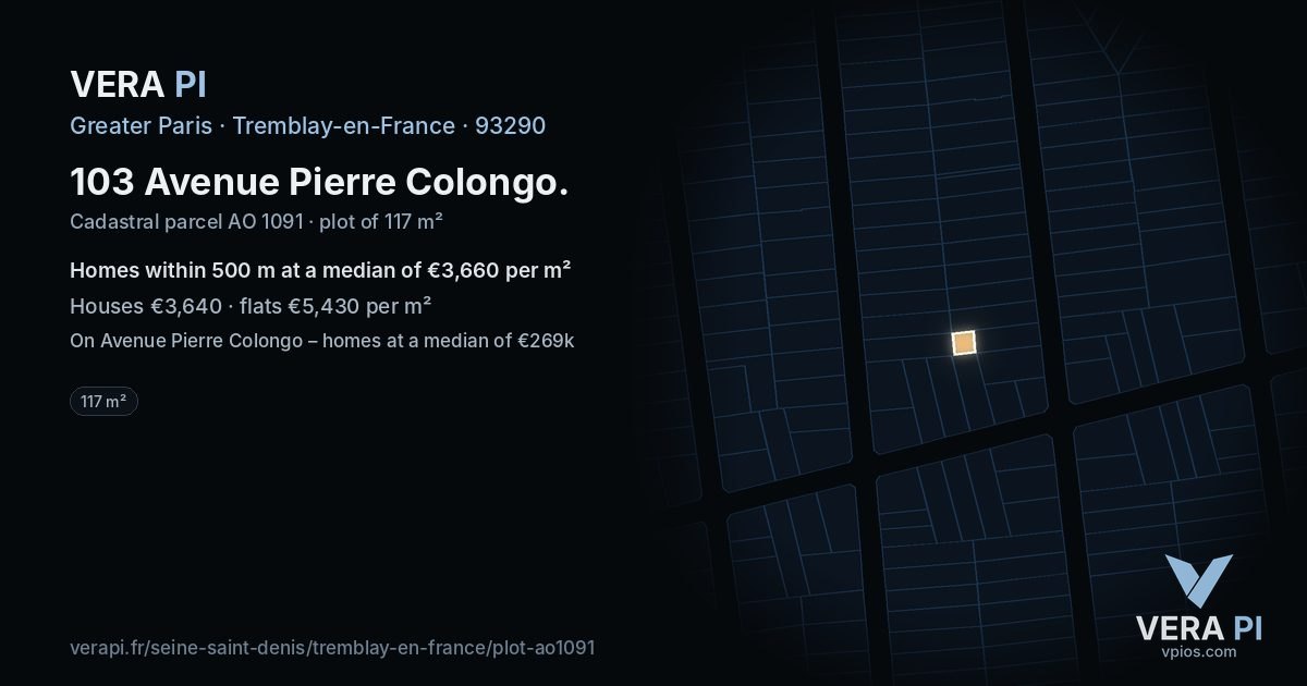 103 Avenue Pierre Colongo, Tremblay-en-France at night – the plot lit, the parcels around coloured by the prices near them